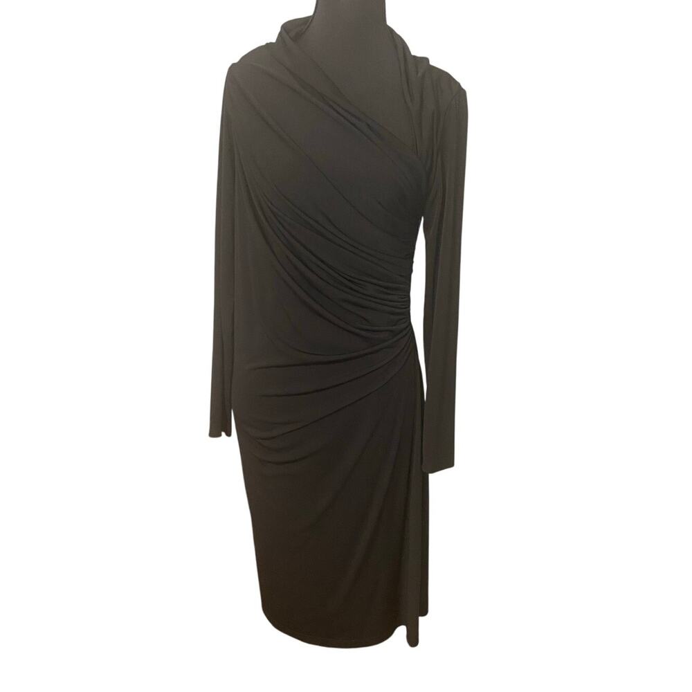 David Meister‎ Black Draped Ruched Long Sleeve Stretch Dress Size 10 LBD